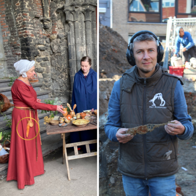 Archeologische opgraving Torhout: middeleeuws mes, voorbeeld op foto zoals een reenactor het draagt en zoals er een gevonden werd tijdens het opgraven.