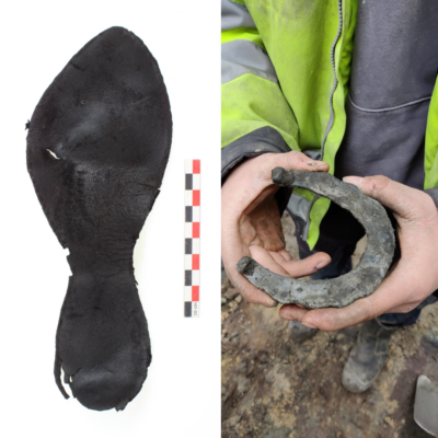 Archeologische opgraving Torhout: Foto met links een leren schoenzool en rechts een hoefijzer